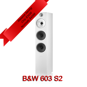 Custom image for B&W 603 S2 speakers as clearance pricing.