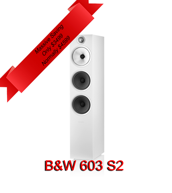 Custom image for B&W 603 S2 speakers as clearance pricing.
