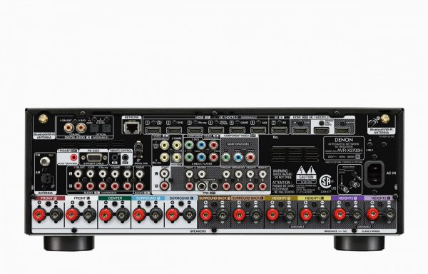 Rear view of Denon AVC-X3700H showing speaker terminals, interconnects and inputs, Analogue, digital and HDMI.