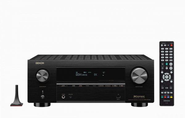 Front image of Denon AVC-X3700H with remote control and setup microphone