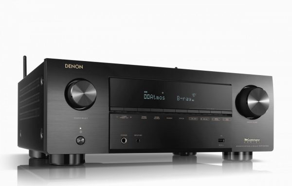 Image of Denon AVC-X3700H angled away and to the right showing Atmos and B-ray input.
