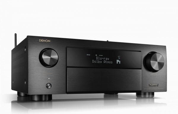 Front view of Denon AVC-X4700H AV Receiver angling away and to the right on white background