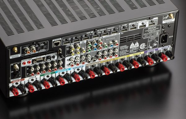 Rear upper view of Denon AVC-X4700H AV Receiver showing speaker terminals, interconnects and HDMI inputs and outputs.