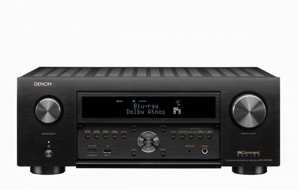 Front view of Denon AVC-X6700H AV Receiver with the front panel open showing all extra control buttons hidden away normally.