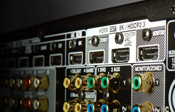 Closeup of Denon AVC-X6700H AV Receiver HDMI outputs