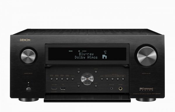 Forward image of Denon AVC-X8500H AV Receiver with front cover open displaying Blu-Ray input and Dolby Atmos.