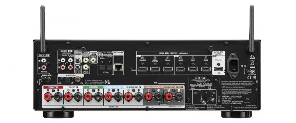 Rear of Denon AVR-X1700H showing speaker terminals, HDMI inputs and 1 output, plus Digital inputs and phono stage.