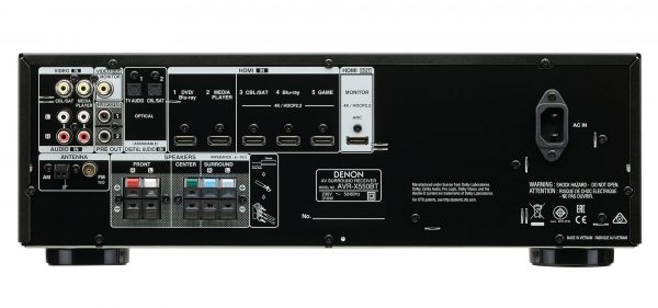 Full rear panel image of Denon AXR-X550BT showing all connections including HDMI and speaker terminals.