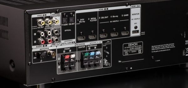 Closeup of rear of Denon AXR-X550BT showing speaker terminals, HDMI inputs and more.