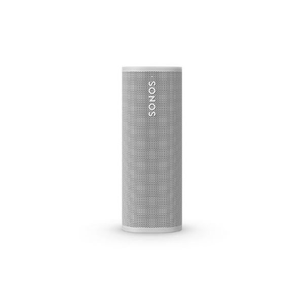 Forward facing image of White Sonos Roam Ultra Portable Smart Speaker standing on end