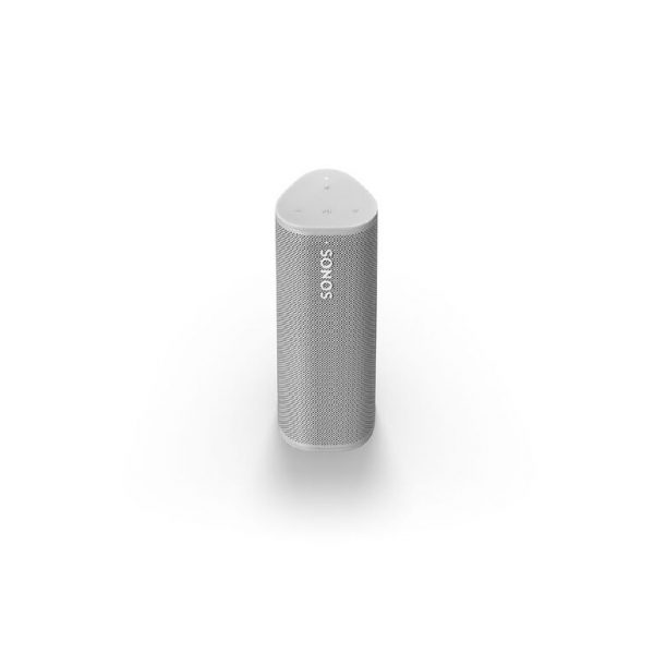 Upward profile of White Sonos Roam Ultra Portable Smart Speaker standing on end showing controls.