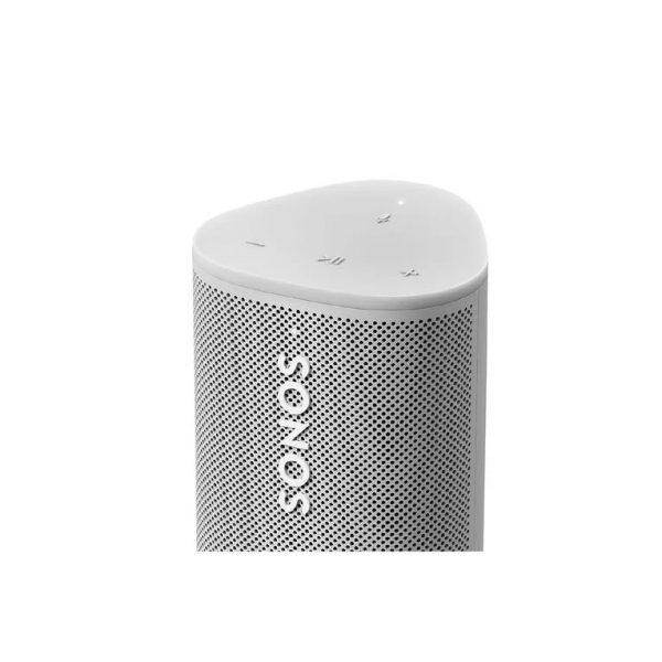 Closeup of Sonos Roam Ultra Portable Smart Speaker showing controls and Sonos logo with power light.