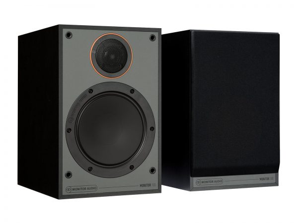 Pair of Black Monitor Audio Monitor 100, left speaker without speaker grill and right speaker showing grill.