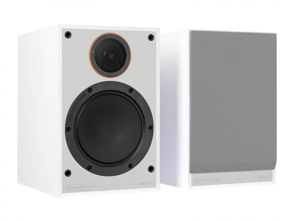 Pair of white Monitor Audio Monitor 100, left speaker without speaker grill and right speaker is showing grill.