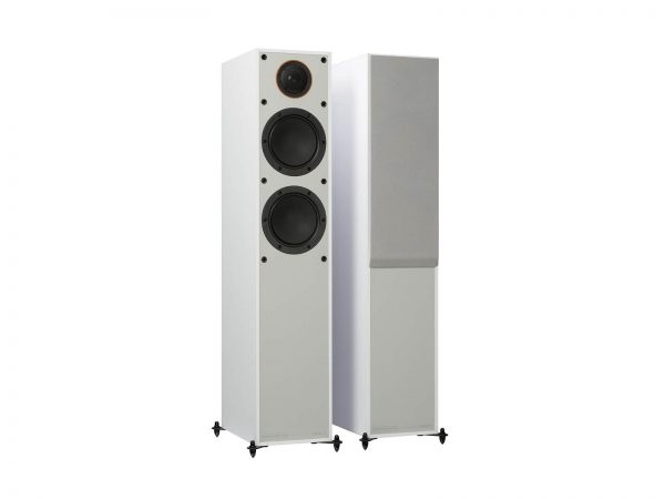 Pair of White Monitor Audio Monitor 200, left speaker without grill and right speaker showing speaker grill.
