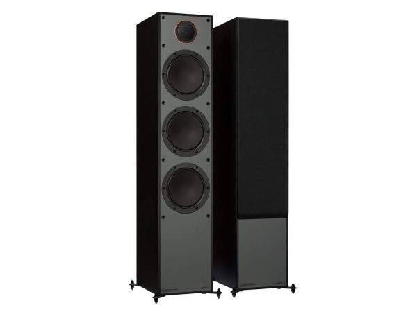Pair of Black Monitor Audio Monitor 300, left speaker without speaker grill