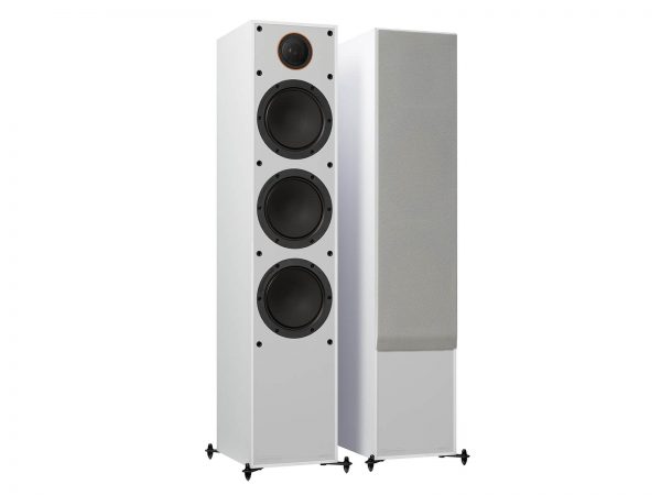 Pair of White Monitor Audio Monitor 300, left speaker without grill.