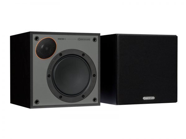 Pair of Black Monitor Audio Monitor 50, right speaker has speaker grill showing