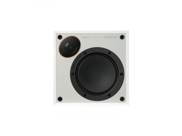 Forward facing White Monitor Audio Monitor 50 without speaker grill