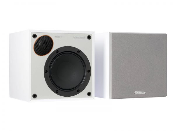 Pair of White Monitor Audio Monitor 50 , right speaker has speaker grill showing.