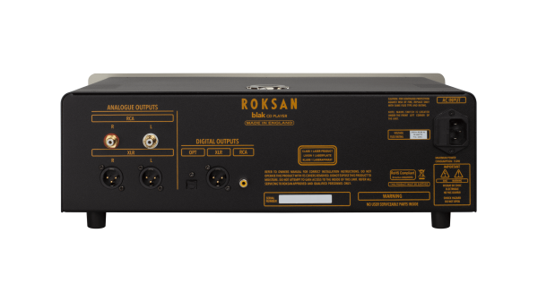 Rear image of Roksan Blak CD player showing RCA and XLR analogue outputs and 3 digital outputs.