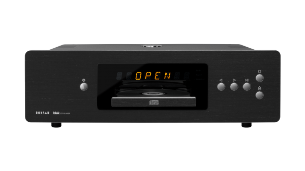 Front image of Black Roksan Blak CD player with tray open.