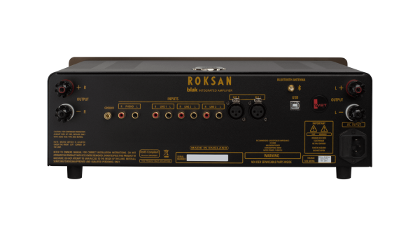 Rear image of Roksan Blak Amp showing inputs, XLR, speaker terminals and more.