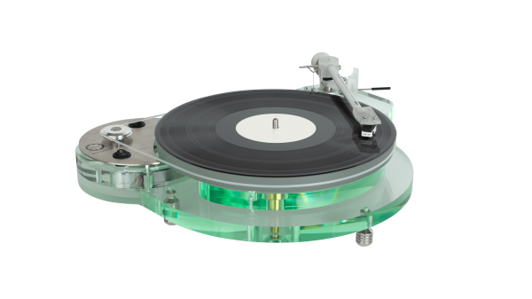 Image of Roksan Radius 7 showing a NIMA tonearm attached to the unit angling away to the right with record on platter.