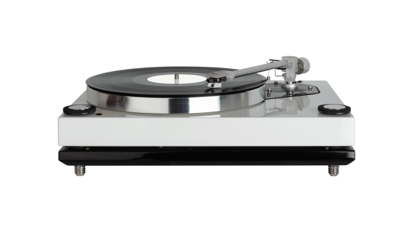 Forward image of Roksan Xerxes 20Plus facing camera with record on platter and tonearm across with stylus on vinyl