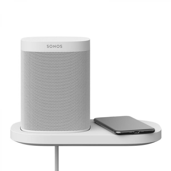Image of white Sonos Shelf for One and Play:1 with speaker installed and iphone resting.