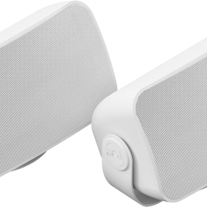 Pair of Sonos Outdoor Speaker angled away to the right of the camera