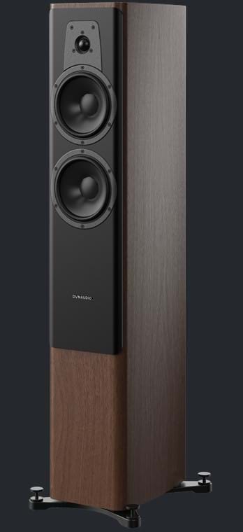 Walnut Dynaudio Contour 30i Floorstanding Speaker with grill off facing away from camera to the left
