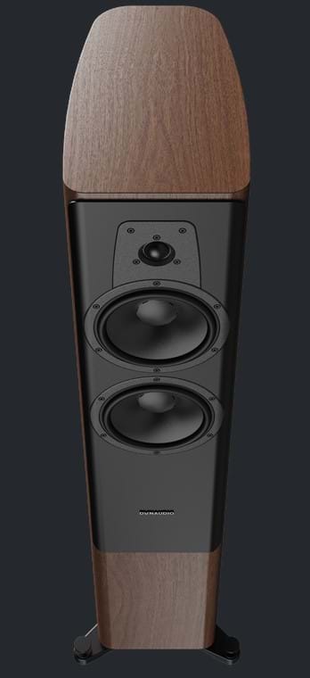 Walnut Dynaudio Contour 30i Floorstanding Speaker taken from slightly above and angled in from the front.