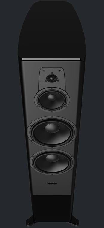 Black Dynaudio Contour 60i Floorstanding Speakers angled downwards from front.