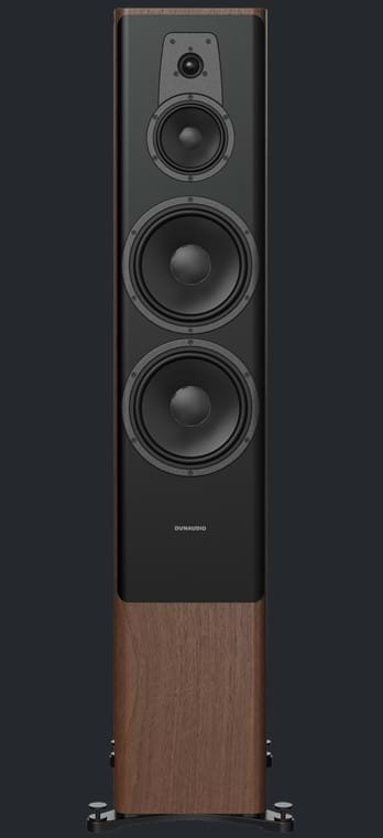 Walnut Dynaudio Contour 60i Floorstanding Speakers facing directly front on.