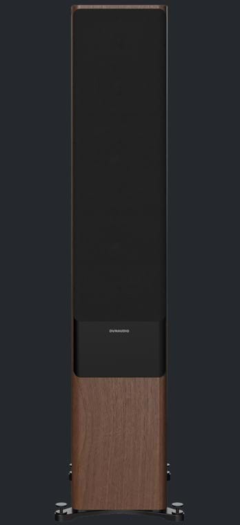 Walnut Dynaudio Contour 60i Floorstanding Speakers with grill facing front on