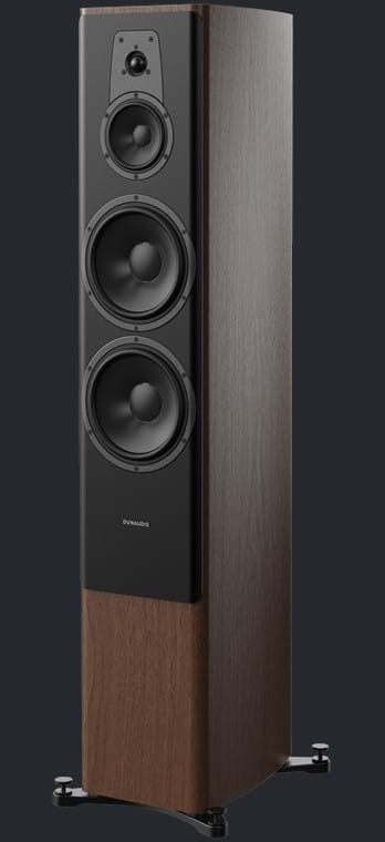 Walnut Dynaudio Contour 60i Floorstanding Speakers facing away and to the left from the camera