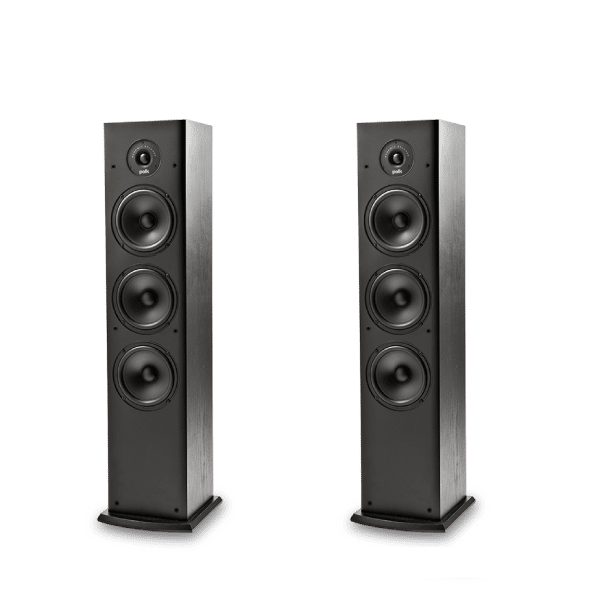 Pair of Black Polk Audio T50 Floor Standing speakers without grills on white background