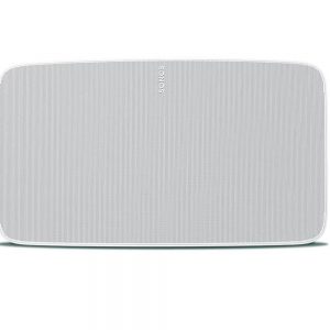 Front view of white Sonos Five Premium Speaker showing Sonos logo