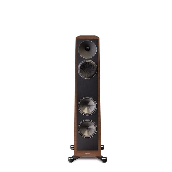 Walnut Paradigm Founder 80F Floorstanding Speaker front facing camera with no speaker grill, showing drivers