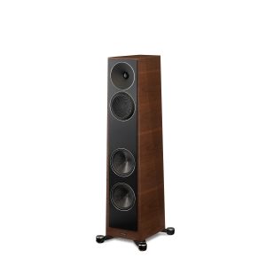 Walnut Paradigm Founder 80F Floorstanding Speaker angled away to the left from the camera
