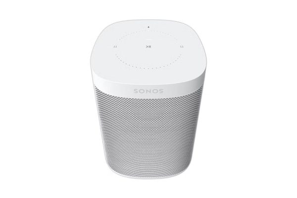 Upward profile of white Sonos One SL Smart Speaker