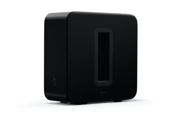 Side profile angling away to the right of Black Sonos Sub Premium Wireless Sub-woofer