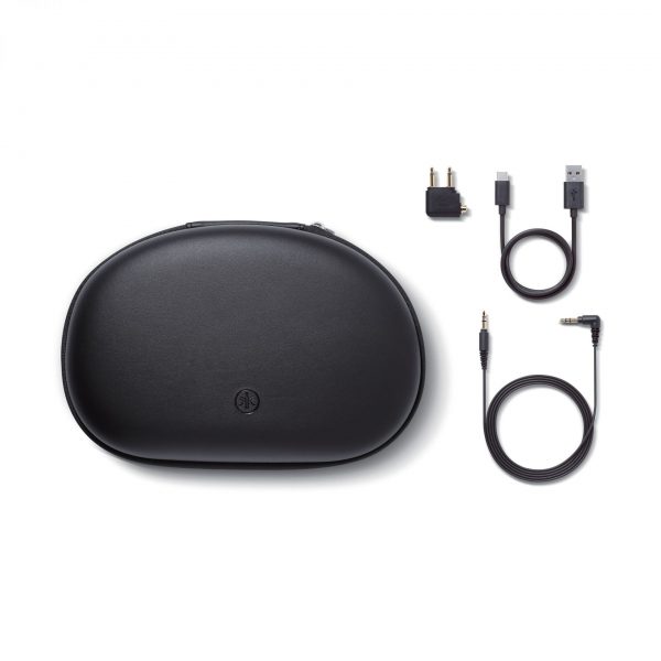 Yamaha YH-E700A Wireless headphone case showing charging cable, airline adapter and headphone cable.