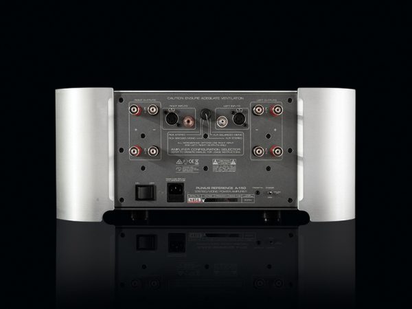 Rear of Plinius Reference A-150 Power Amplifier showing interconnects both RCA and Balanced plus speaker terminals