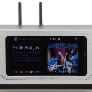 Front view of Atoll SDA200in silver showing playback of Pride and Joy on the screen.