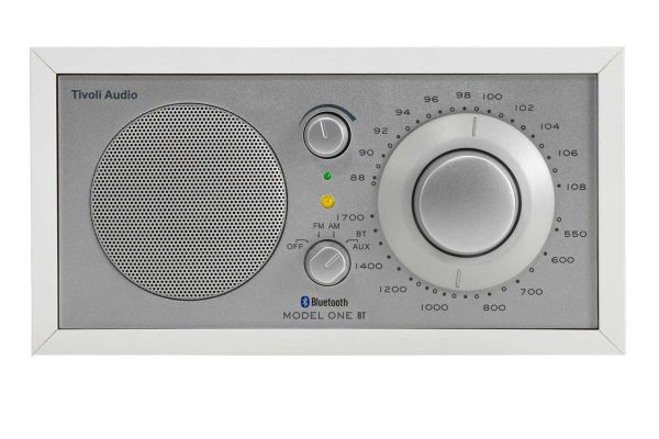 Tivoli Model One BT White/Silver closeup with Bluetooth selected for playback.