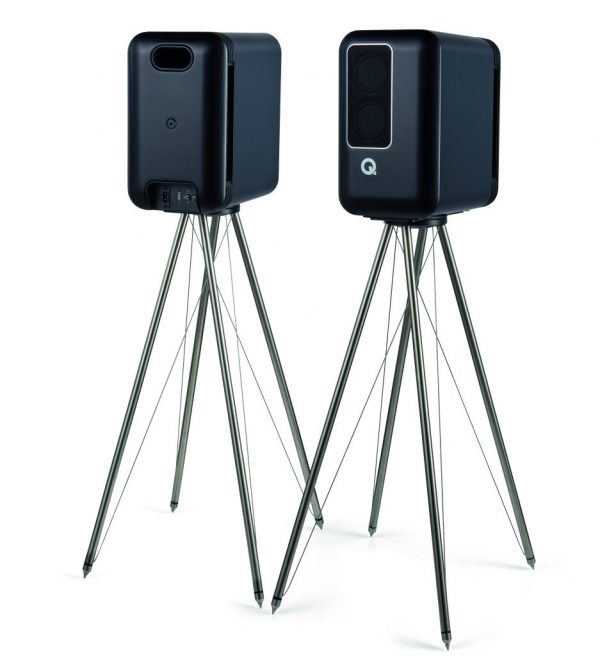 Black Q Acoustics QActive 200 on stands, one facing away and one front on.