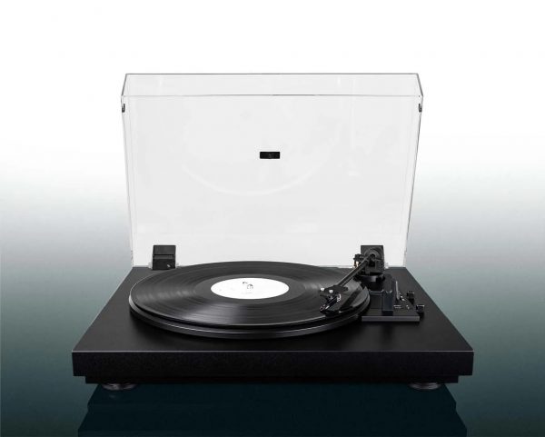 Front image of Pro-Ject automat A1 with dust cover open.