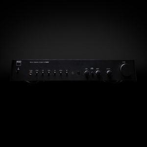 NAD-C 316 BEE black amplifer on black background with light shining from above.